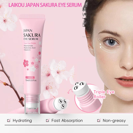 Sakura Eye Serum Roller Massage Hyaluronic Acid Remover Dark Circles Bags Moisturizing Firming Eye Cream 15Ml ﻿
