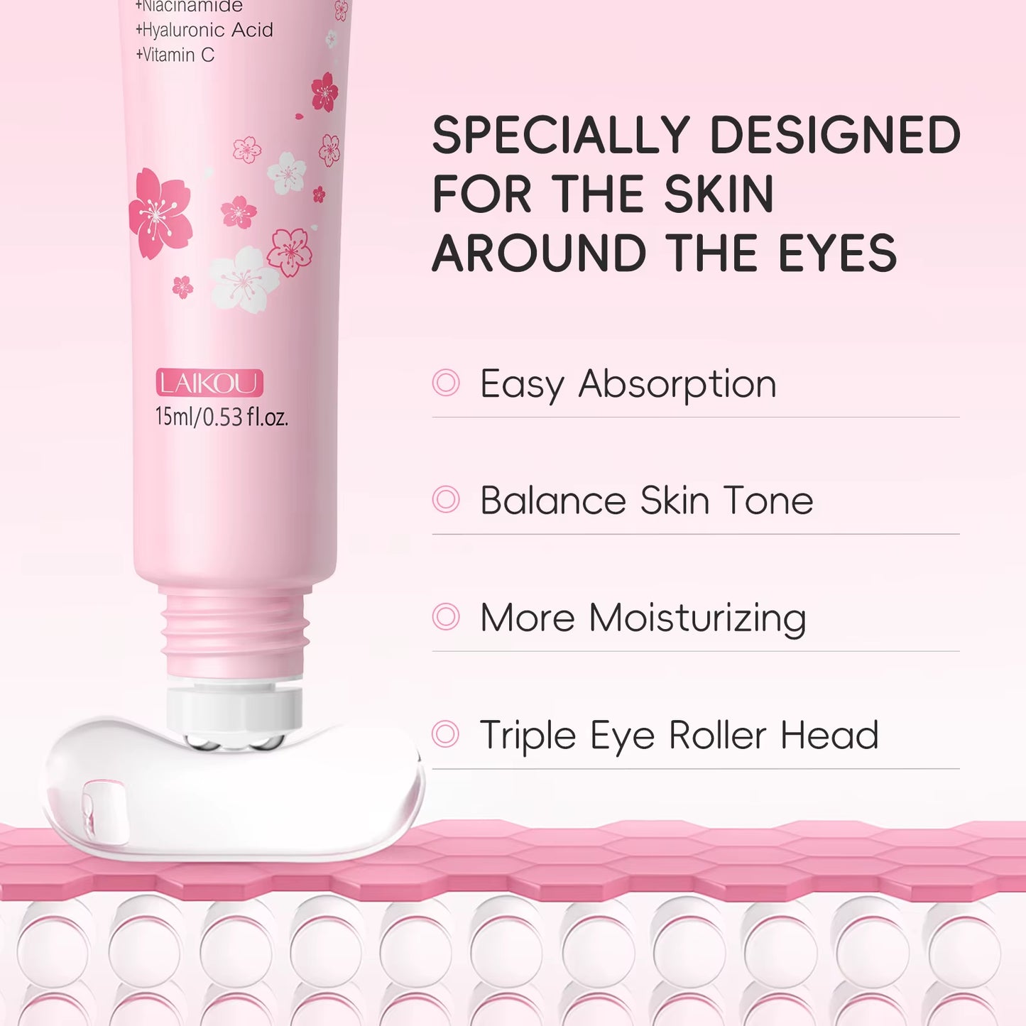 Sakura Eye Serum Roller Massage Hyaluronic Acid Remover Dark Circles Bags Moisturizing Firming Eye Cream 15Ml ﻿