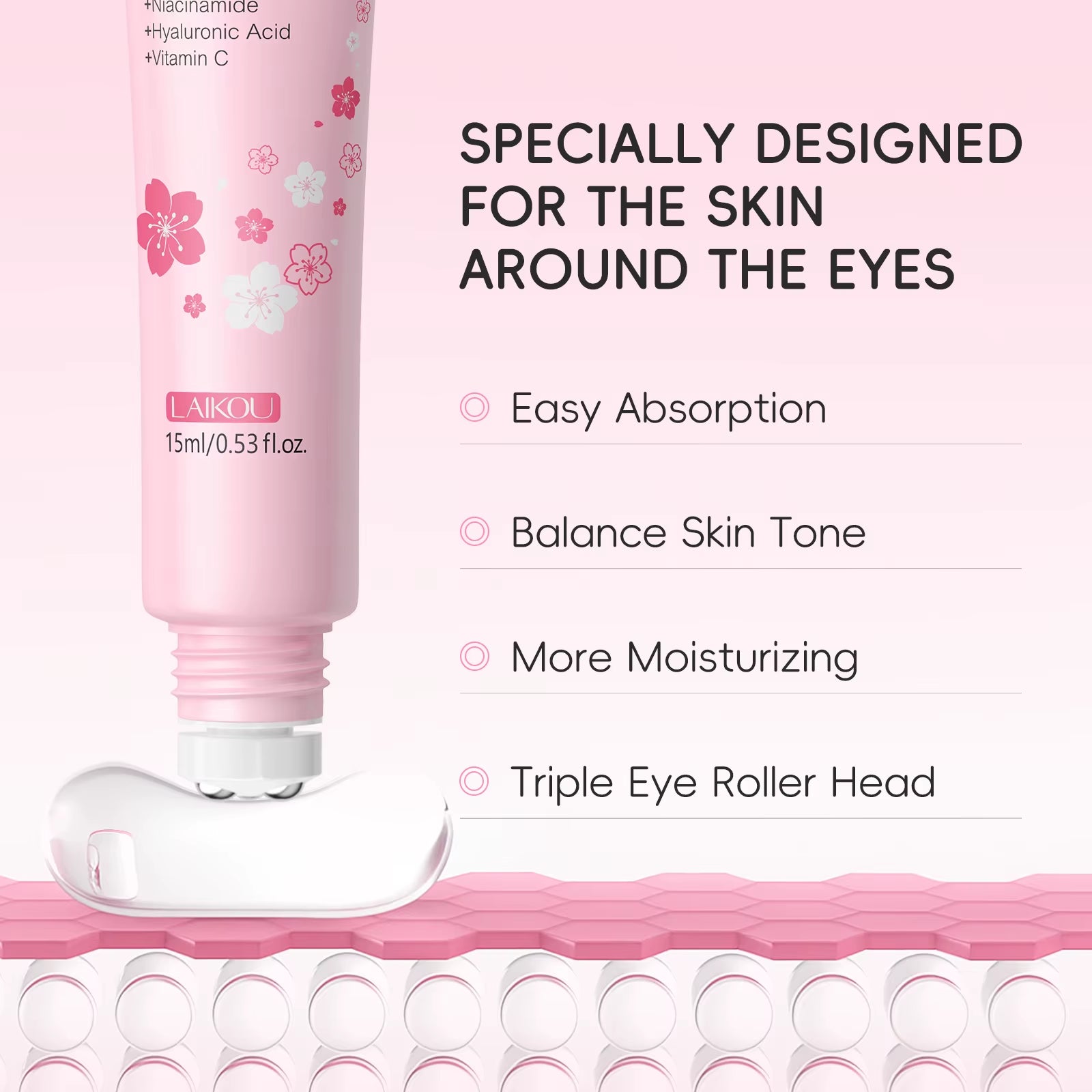 Sakura Eye Serum Roller Massage Hyaluronic Acid Remover Dark Circles Bags Moisturizing Firming Eye Cream 15Ml ﻿
