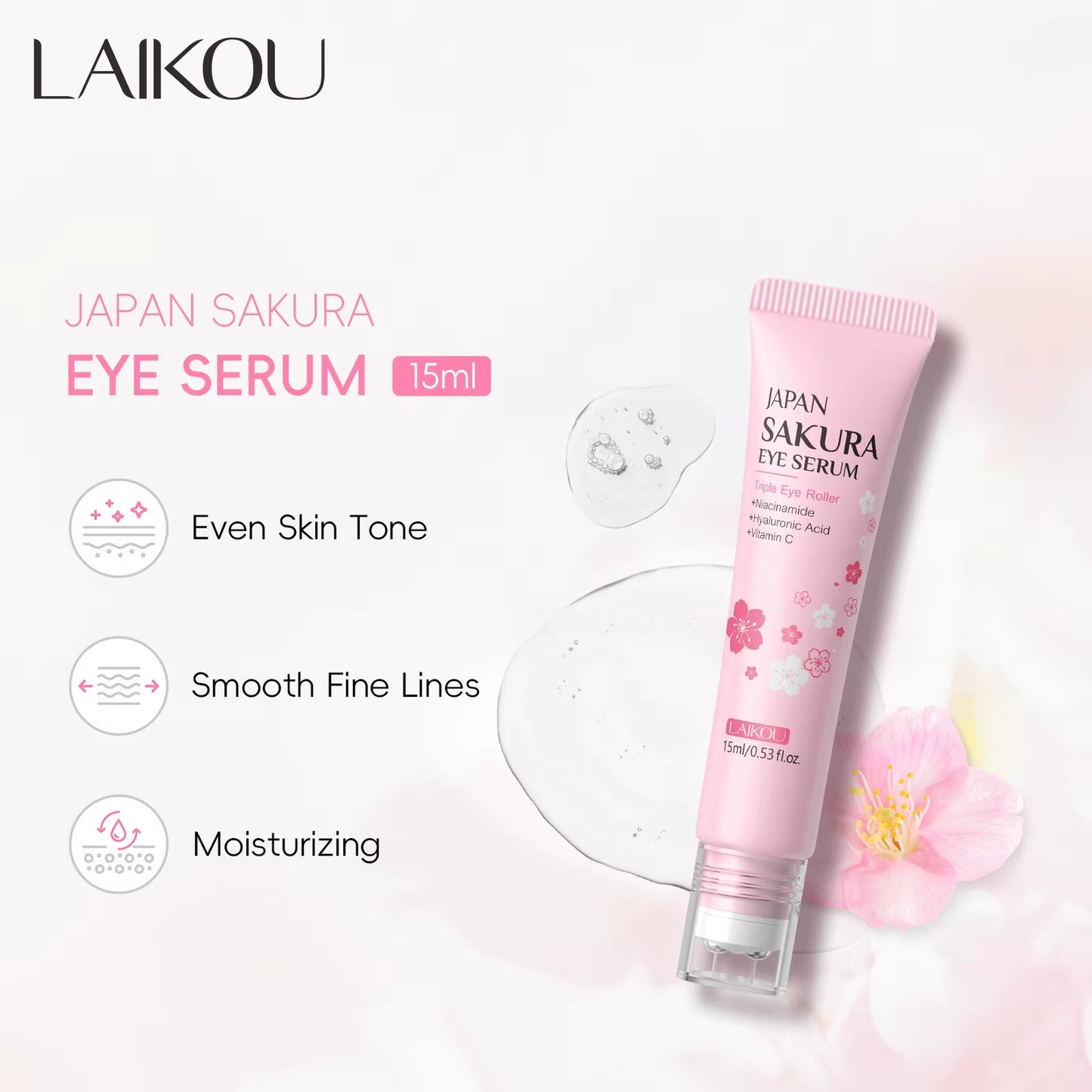 Sakura Eye Serum Roller Massage Hyaluronic Acid Remover Dark Circles Bags Moisturizing Firming Eye Cream 15Ml ﻿
