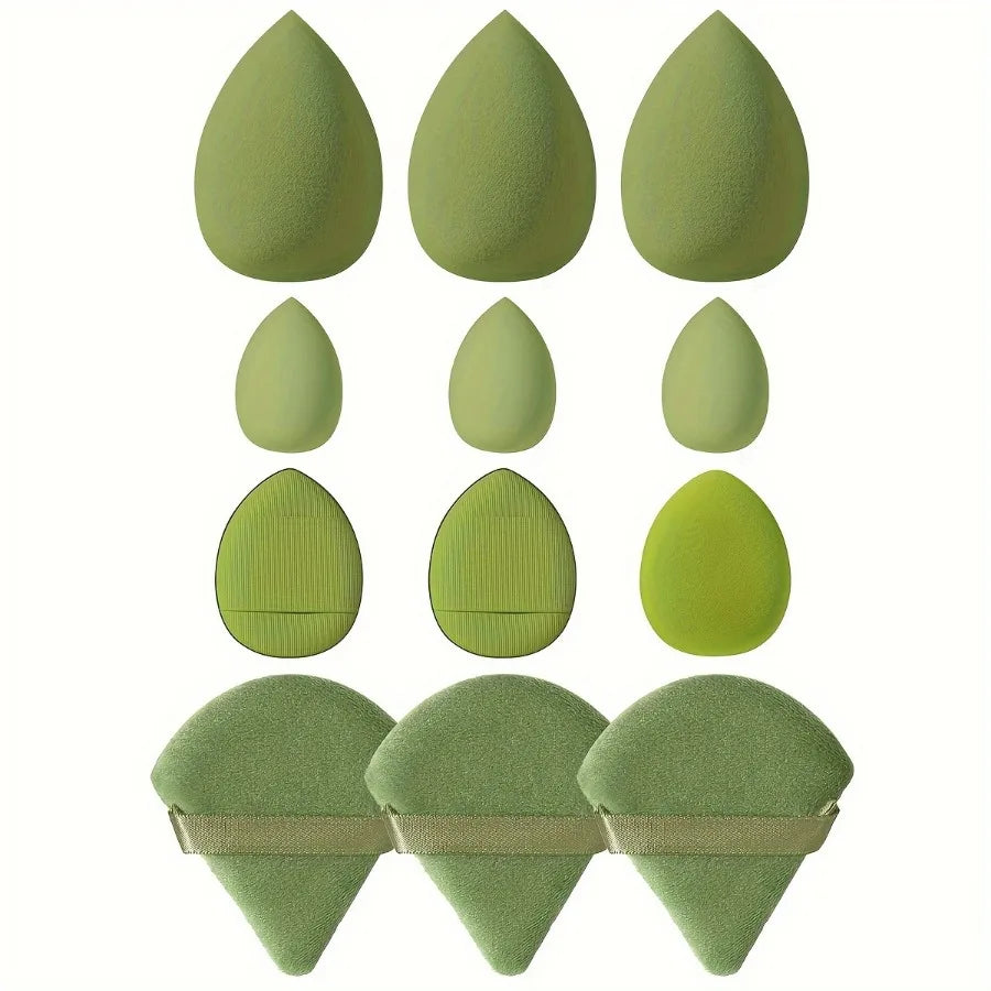 12 Pieces Green 3-Corner Loose Powder Puff Mini Beauty Egg Finger Powder Puff Beauty Blender Makeup Tool
