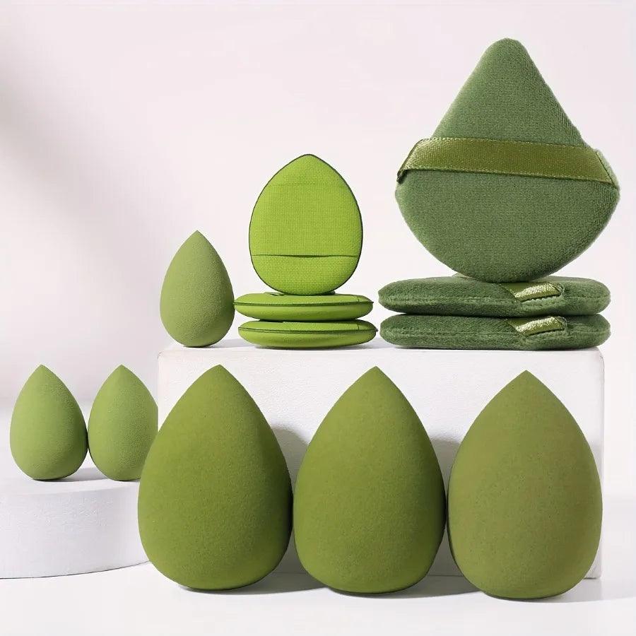 12 Pieces Green 3-Corner Loose Powder Puff Mini Beauty Egg Finger Powder Puff Beauty Blender Makeup Tool