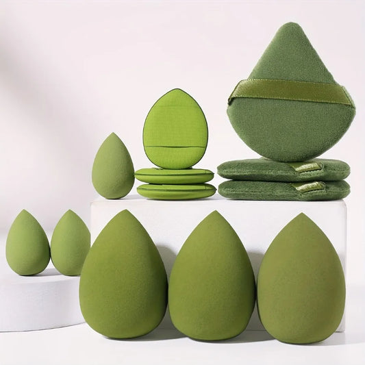 12 Pieces Green 3-Corner Loose Powder Puff Mini Beauty Egg Finger Powder Puff Beauty Blender Makeup Tool